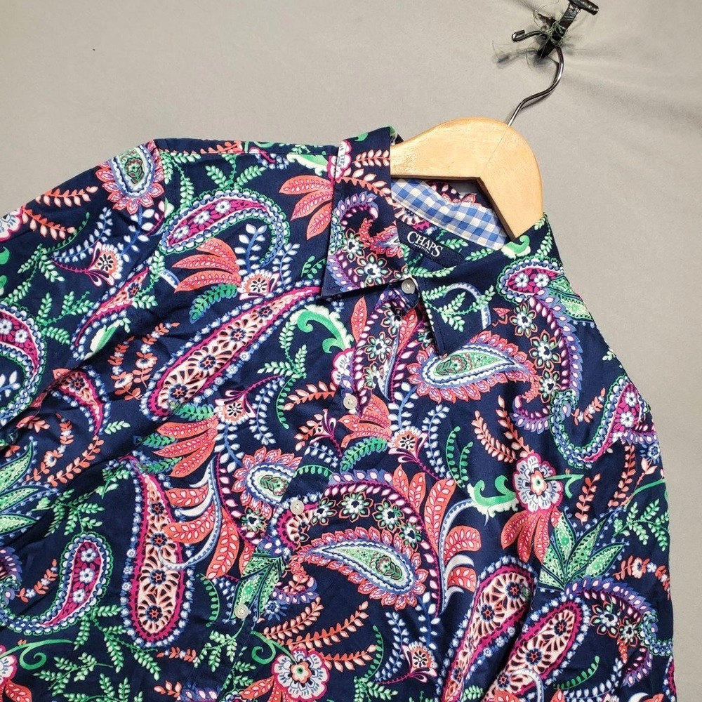 Chaps Paisley No Iron Button Up Shirt Womens PXL Blue Pink 100% Cotton Flip Cuff